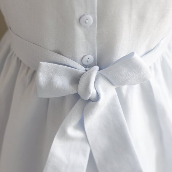 Blue Linen Cotton Sundress 6X Flared With Pockets Peter Pan Collar Portrait NWT - Picture 2 of 9